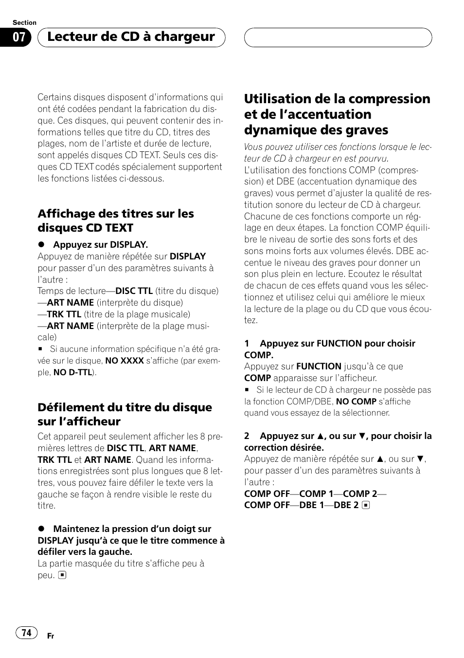 Affichage des titres sur les disques, Cd text 74, Défilement du titre du disque sur | Lafficheur 74, Utilisation de la compression et de, Laccentuation dynamique des graves 74, Lecteur de cd à chargeur | Pioneer DEH P4500MP User Manual | Page 74 / 136