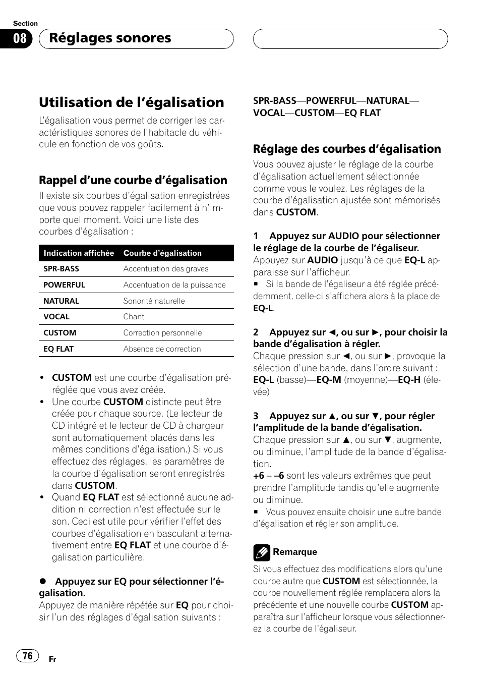 Utilisation de légalisation 76, Rappel dune courbe, Dégalisation 76 | Réglage des courbes, Utilisation de légalisation, Réglages sonores, Rappel dune courbe dégalisation, Réglage des courbes dégalisation | Pioneer DEH P4500MP User Manual | Page 76 / 136