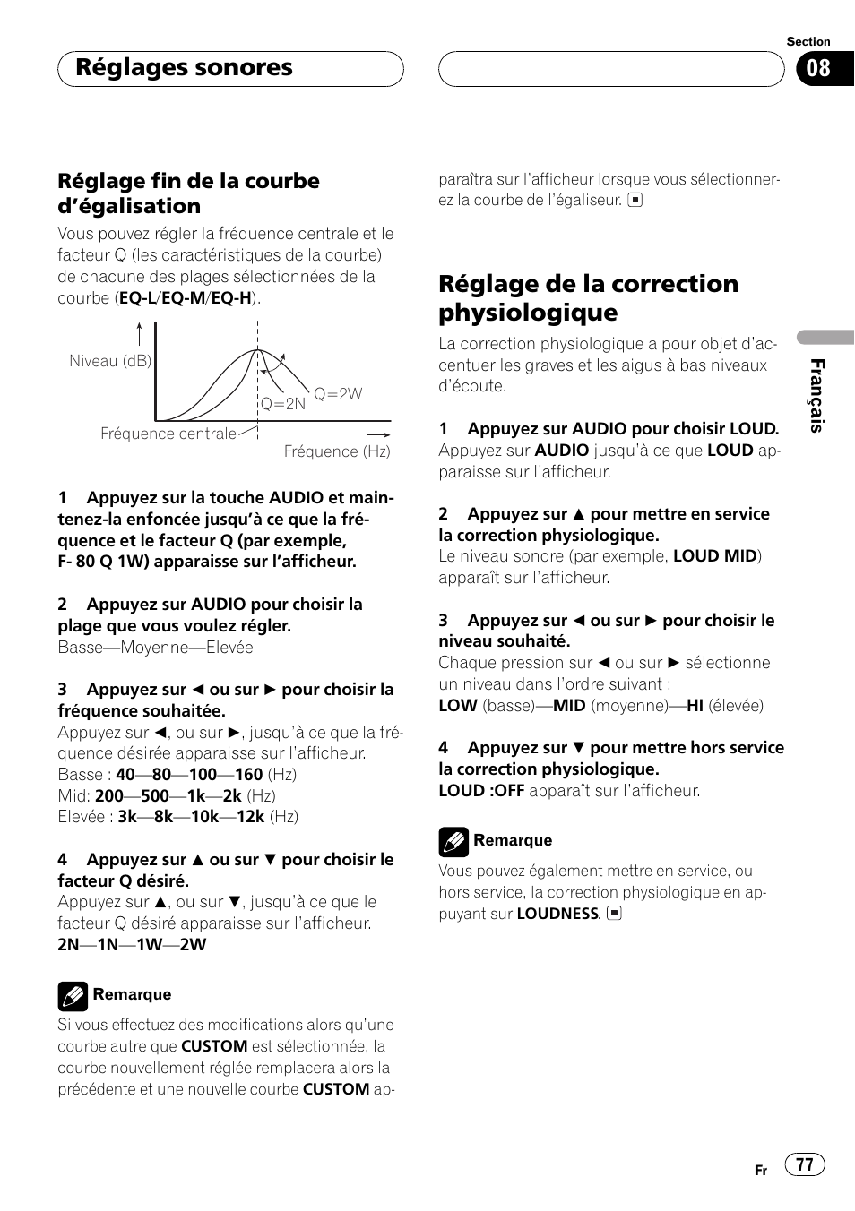 Réglage fin de la courbe, Dégalisation 77, Réglage de la correction physiologique 77 | Réglage de la correction physiologique, Réglages sonores, Réglage fin de la courbe dégalisation | Pioneer DEH P4500MP User Manual | Page 77 / 136