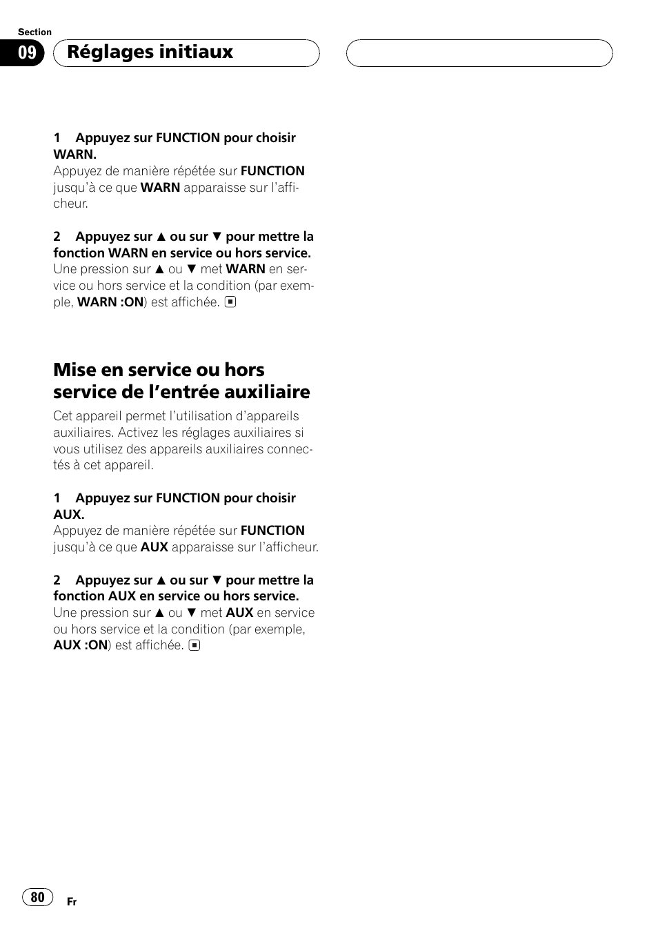 Mise en service ou hors service de lentrée, Auxiliaire 80, Réglages initiaux | Pioneer DEH P4500MP User Manual | Page 80 / 136