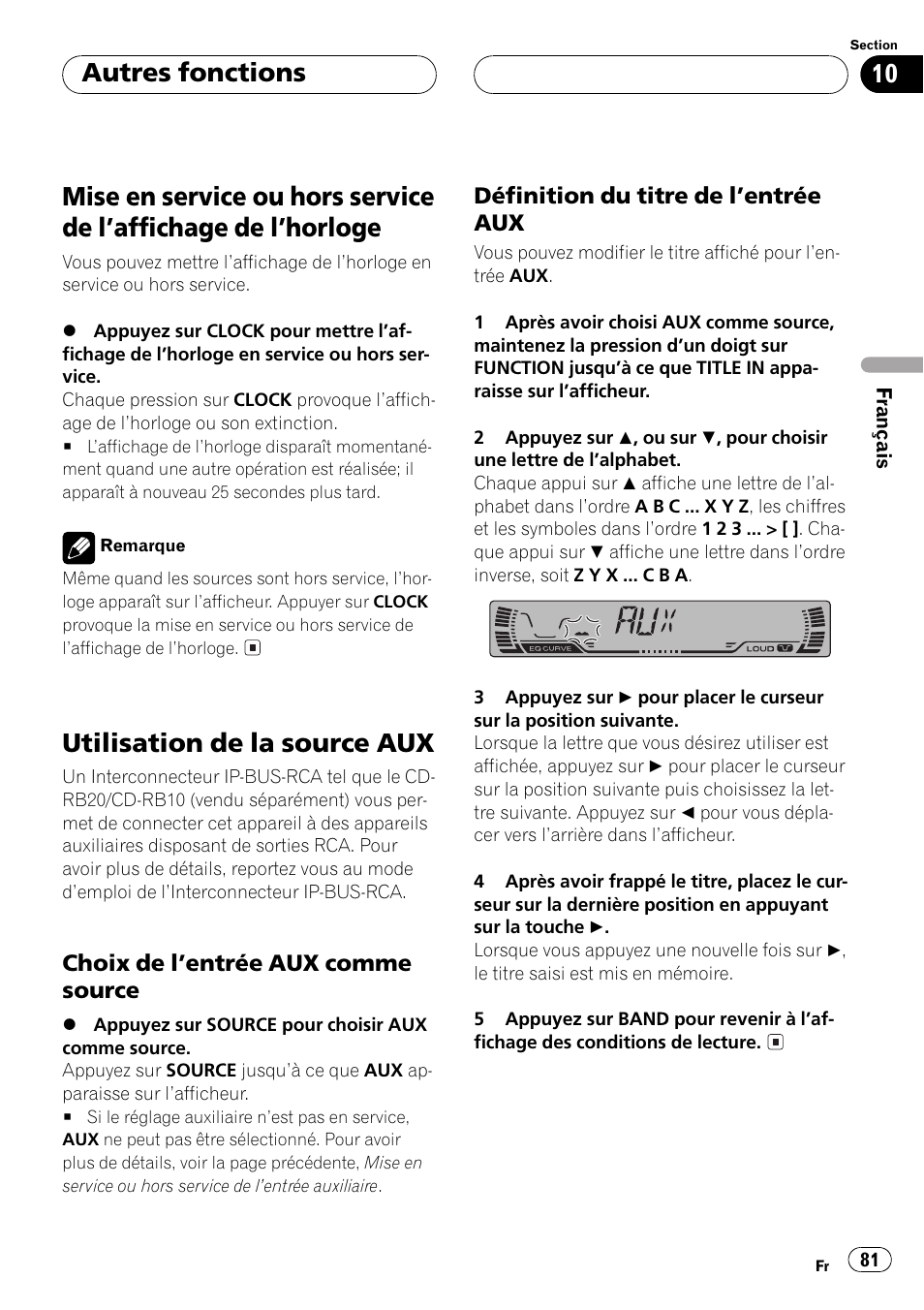 De lhorloge 81, Utilisation de la source aux 81, Choix de lentrée aux comme | Source 81, Définition du titre de lentrée aux 81, Utilisation de la source aux, Autres fonctions | Pioneer DEH P4500MP User Manual | Page 81 / 136