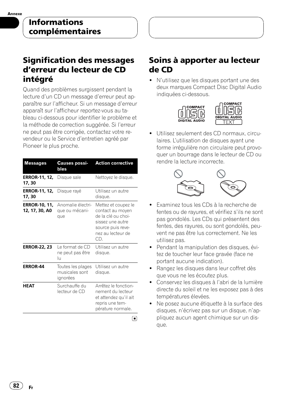 Lecteur de cd intégré 82, Soins à apporter au lecteur de cd 82, Soins à apporter au lecteur de cd | Informations complémentaires | Pioneer DEH P4500MP User Manual | Page 82 / 136