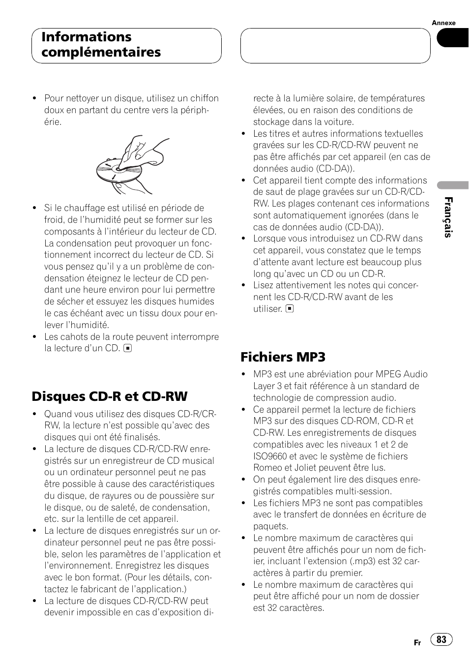 Disques cd-r et cd-rw 83 fichiers mp3 83, Disques cd-r et cd-rw, Fichiers mp3 | Informations complémentaires | Pioneer DEH P4500MP User Manual | Page 83 / 136