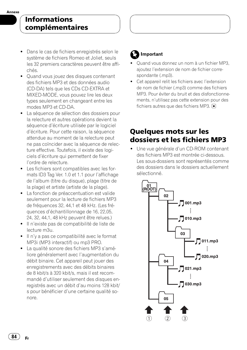 Quelques mots sur les dossiers et les fichiers, Mp3 84, Quelques mots sur les dossiers et les fichiers mp3 | Informations complémentaires | Pioneer DEH P4500MP User Manual | Page 84 / 136