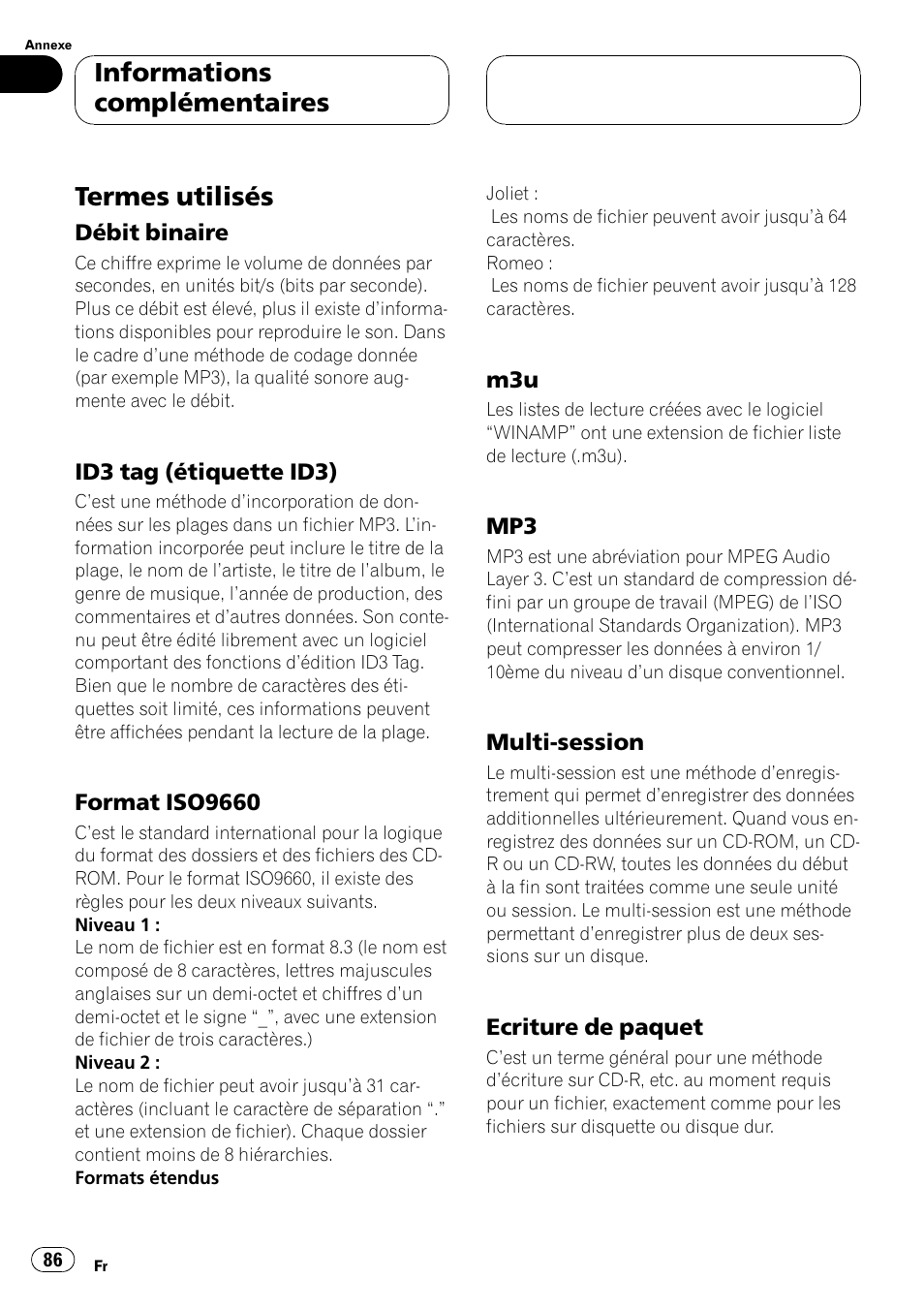 Termes utilisés 86, Termes utilisés, Informations complémentaires | Pioneer DEH P4500MP User Manual | Page 86 / 136
