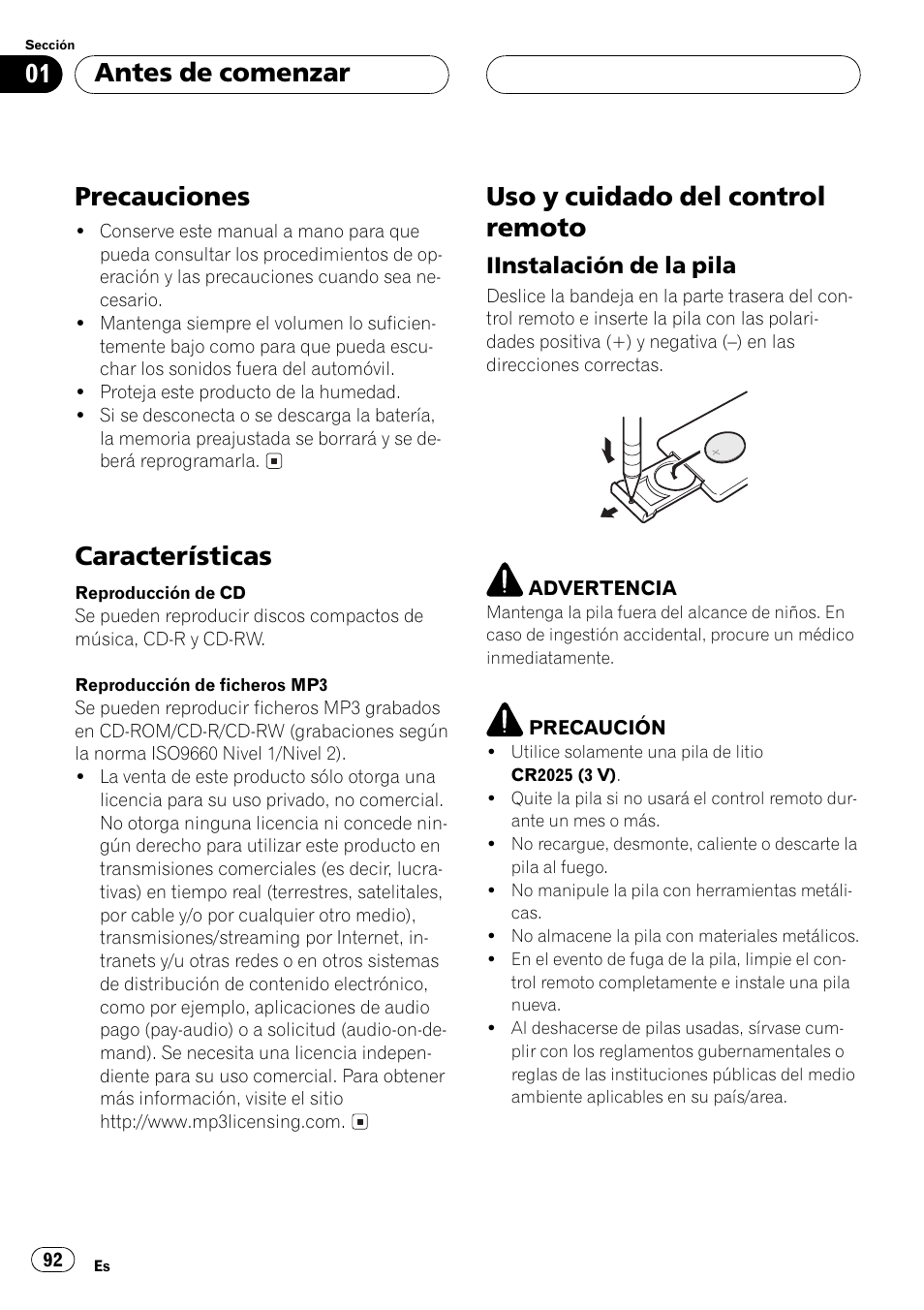 Precauciones 92, Características 92, Uso y cuidado del control remoto 92 | Iinstalación de la pila 92, Precauciones, Características, Uso y cuidado del control remoto, Antes de comenzar | Pioneer DEH P4500MP User Manual | Page 92 / 136
