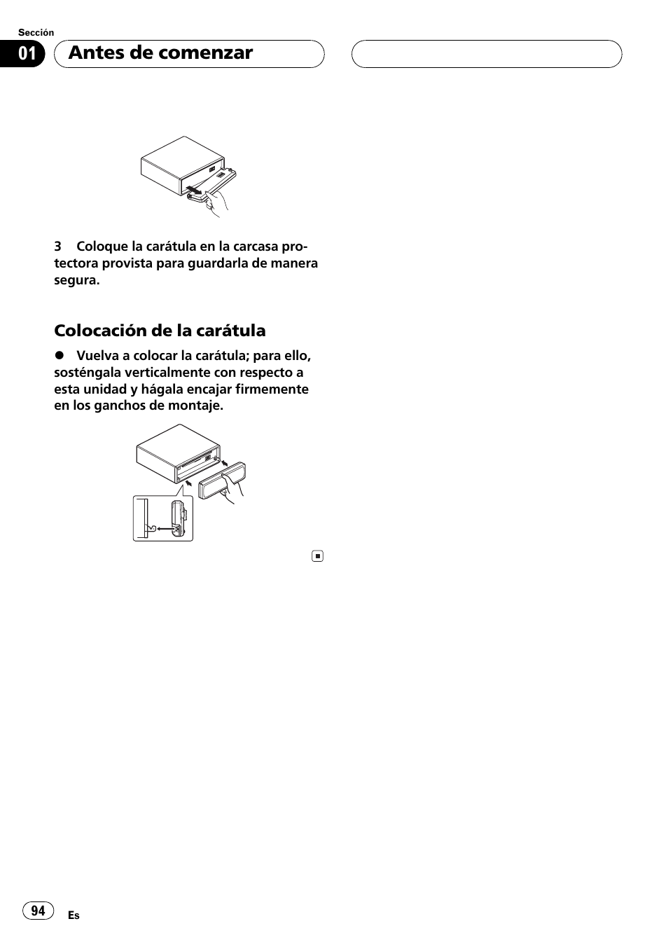 Colocación de la carátula 94, Antes de comenzar | Pioneer DEH P4500MP User Manual | Page 94 / 136