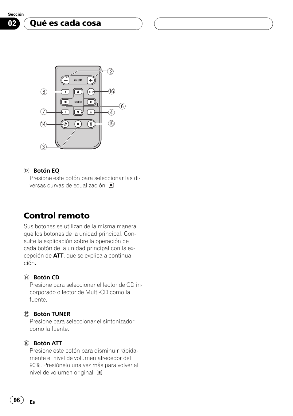 Control remoto 96, Control remoto, Qué es cada cosa | Pioneer DEH P4500MP User Manual | Page 96 / 136