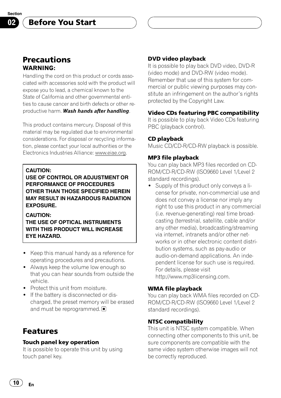 Precautions 10 features 10, Precautions, Features | Before you start | Pioneer AVX-P8DVD User Manual | Page 10 / 85