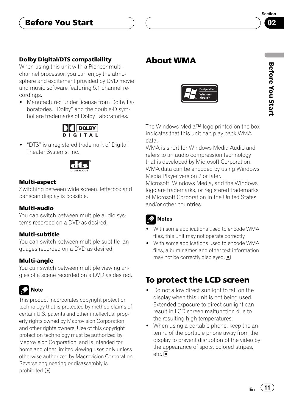 About wma 11 to protect the lcd screen 11, About wma, Before you start | Pioneer AVX-P8DVD User Manual | Page 11 / 85