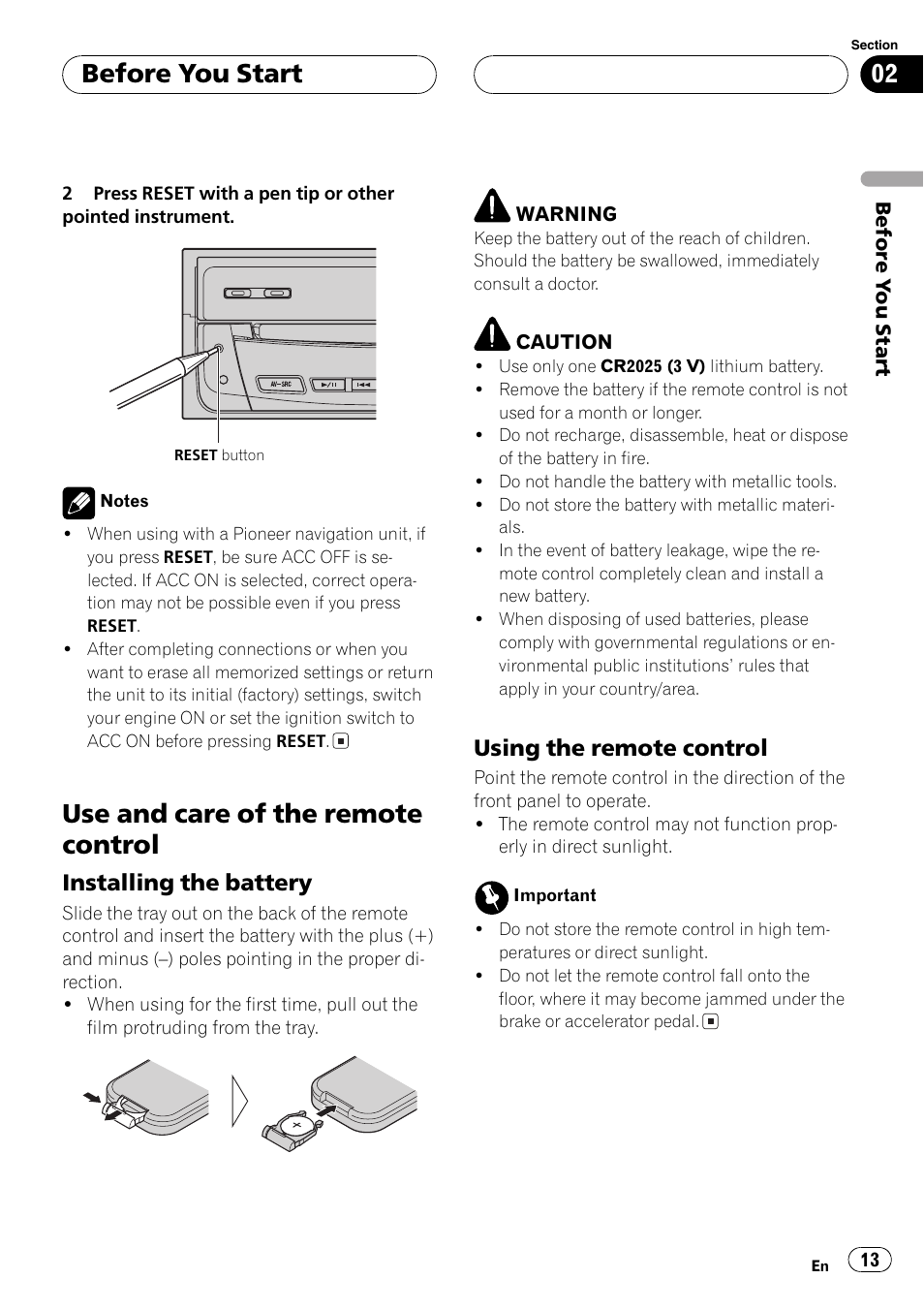 Use and care of the remote control 13, Use and care of the remote control, Before you start | Installing the battery, Using the remote control | Pioneer AVX-P8DVD User Manual | Page 13 / 85