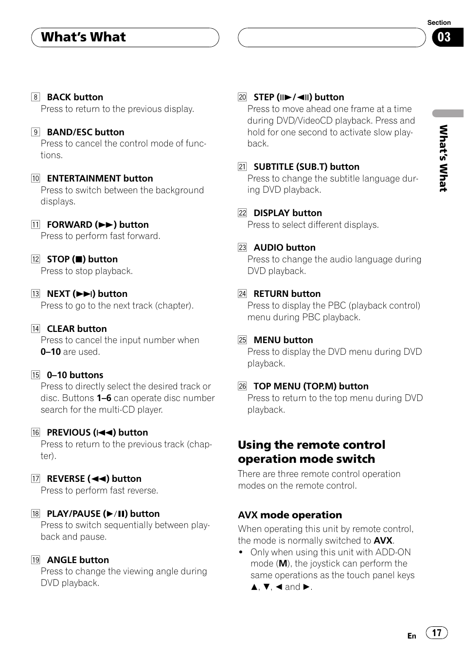 Using the remote control, Whats what, Using the remote control operation mode switch | Pioneer AVX-P8DVD User Manual | Page 17 / 85