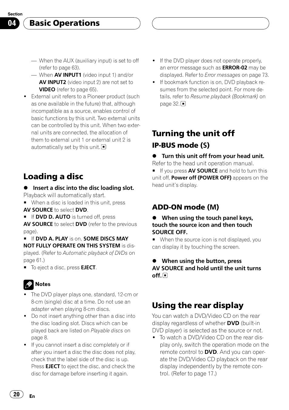 Loading a disc, Turning the unit off, Using the rear display | Basic operations, Ip-bus mode (s), Add-on mode (m) | Pioneer AVX-P8DVD User Manual | Page 20 / 85