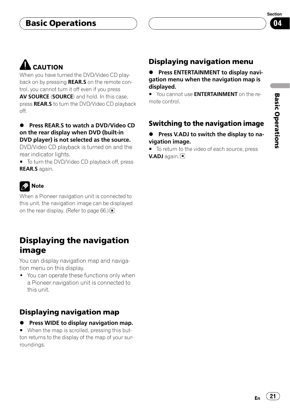 Displaying the navigation image 21, Displaying the navigation image, Basic operations | Pioneer AVX-P8DVD User Manual | Page 21 / 85