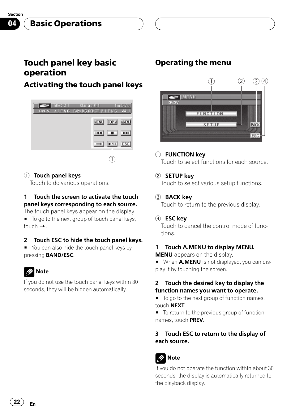 Touch panel key basic operation 22, Touch panelkey basic operation, Basic operations | Pioneer AVX-P8DVD User Manual | Page 22 / 85