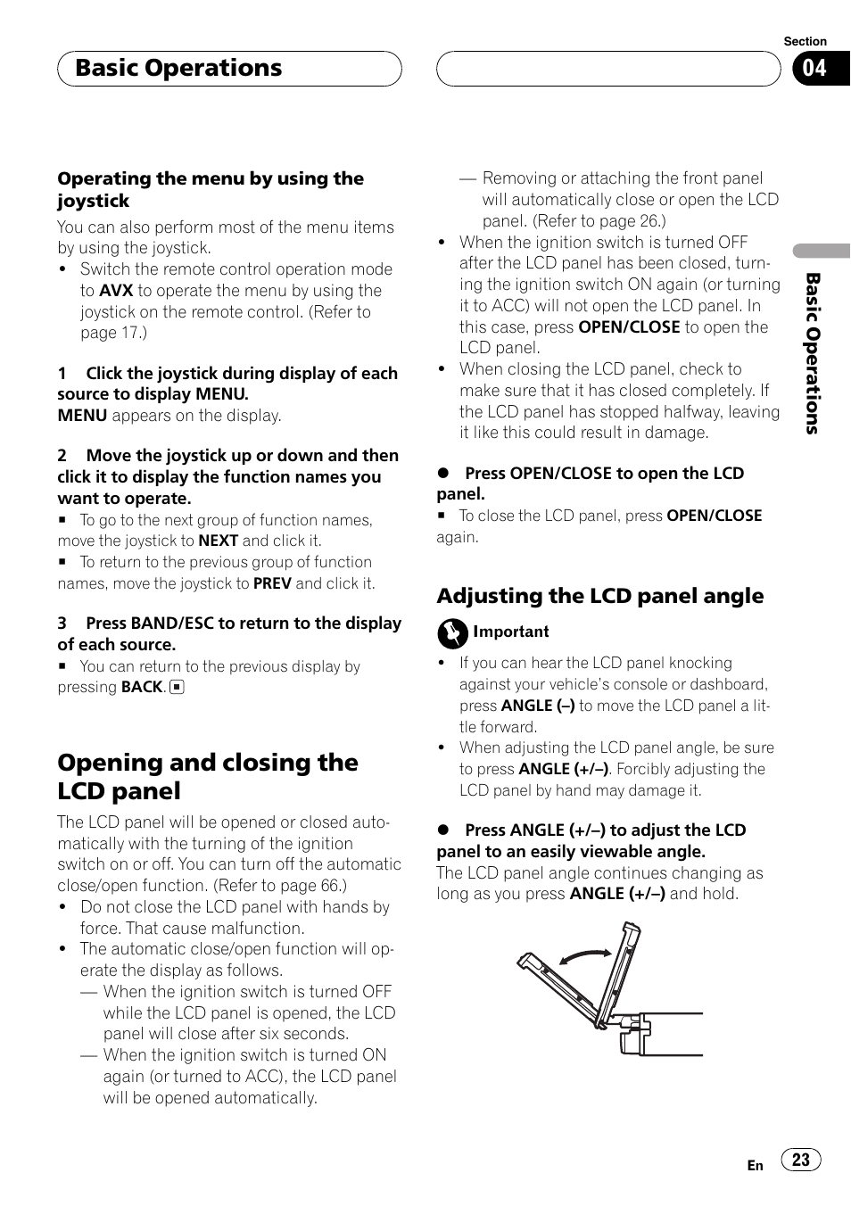 Opening and closing the lcd panel 23, Opening and closing the lcd panel, Basic operations | Adjusting the lcd panelangle | Pioneer AVX-P8DVD User Manual | Page 23 / 85