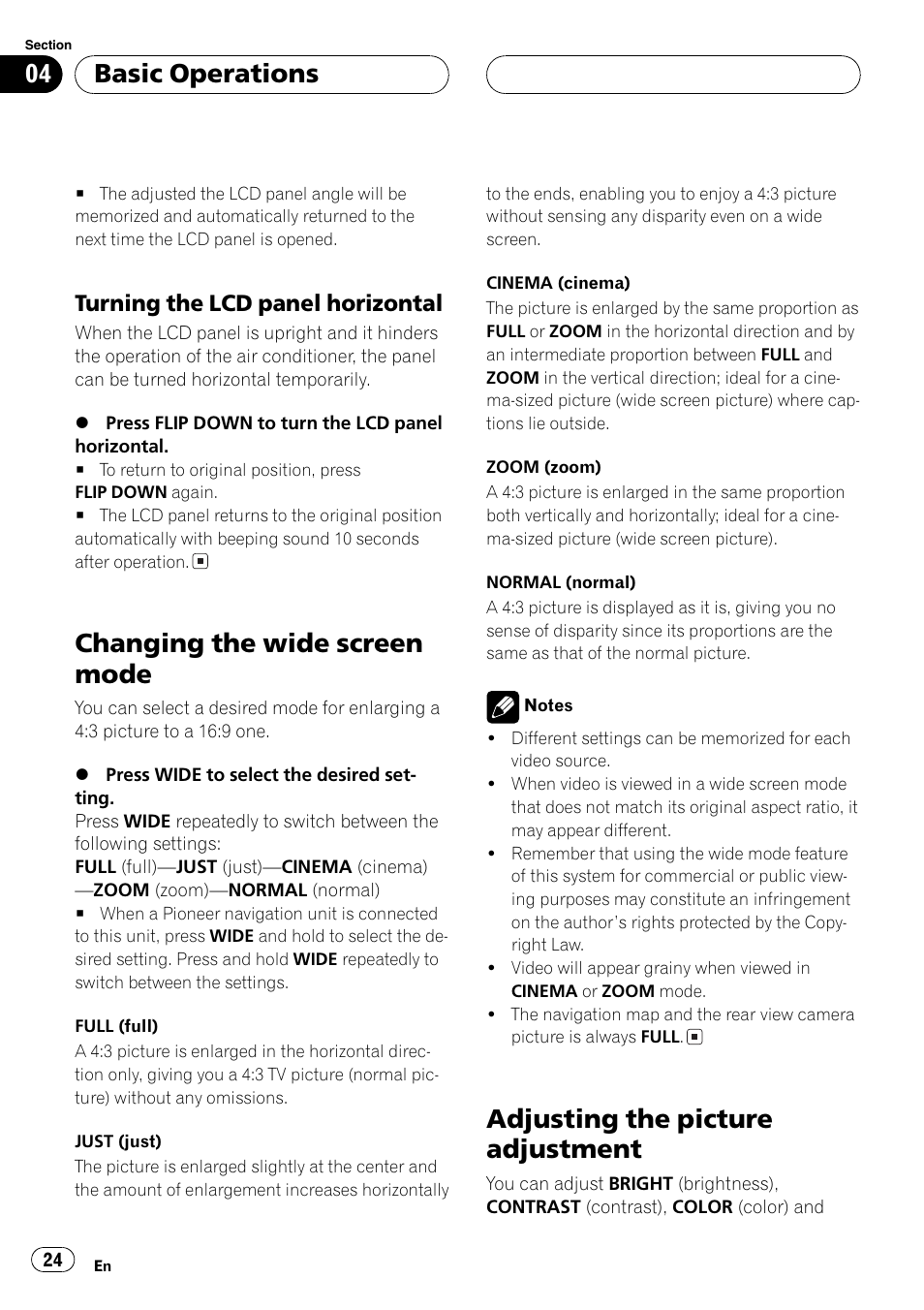 Changing the wide screen mode, Adjusting the picture adjustment, Basic operations | Turning the lcd panelhorizontal | Pioneer AVX-P8DVD User Manual | Page 24 / 85