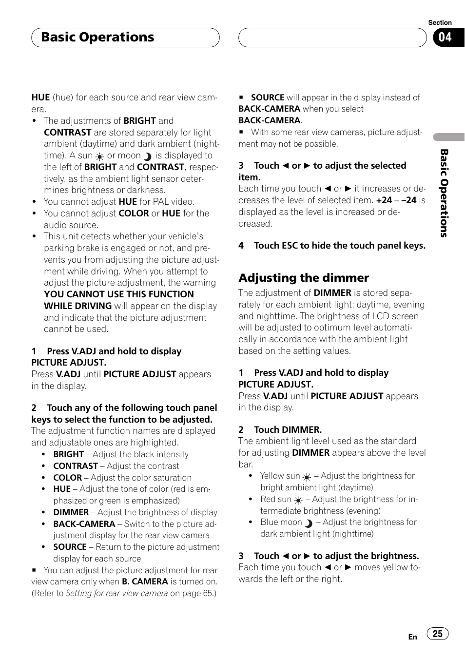 Basic operations, Adjusting the dimmer | Pioneer AVX-P8DVD User Manual | Page 25 / 85