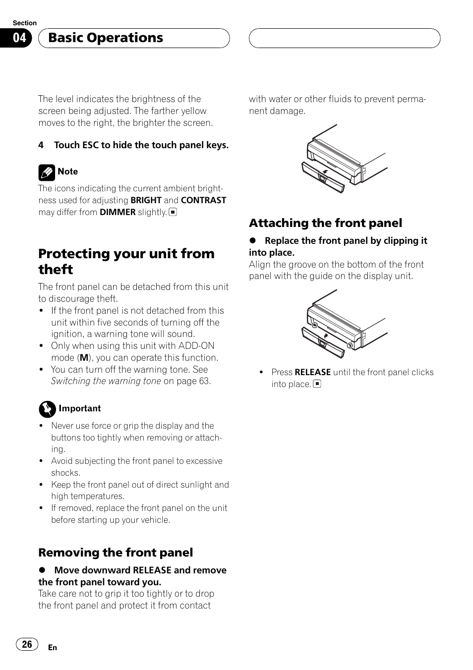 Protecting your unit from theft 26, Protecting your unit from theft, Basic operations | Removing the front panel, Attaching the front panel | Pioneer AVX-P8DVD User Manual | Page 26 / 85