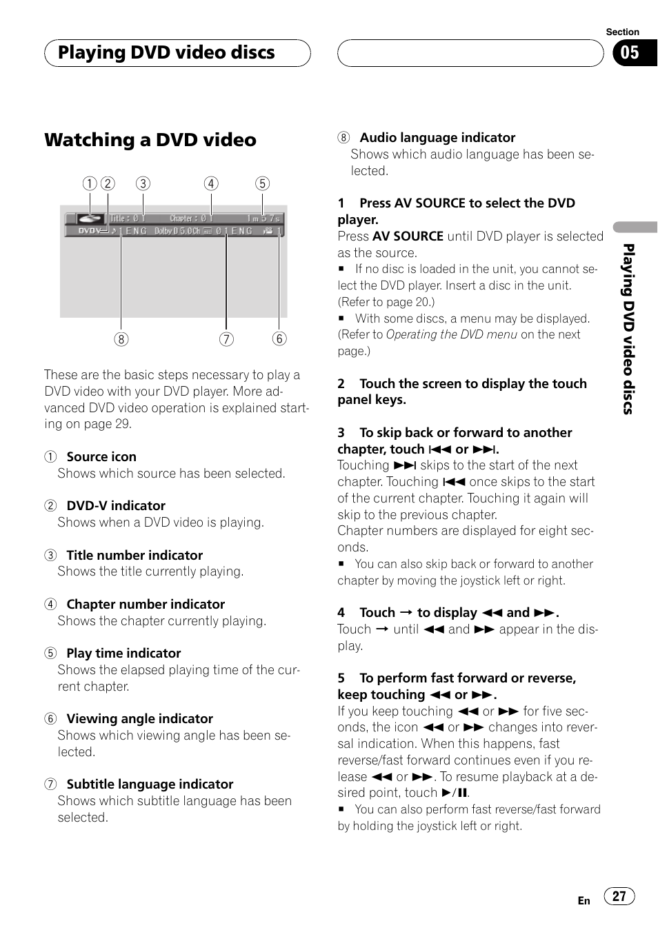 Playingdvd video discs watching a dvd video 27, Watching a dvd video, Playing dvd video discs | Pioneer AVX-P8DVD User Manual | Page 27 / 85