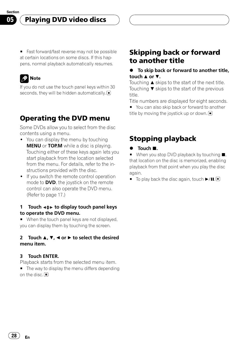 Operating the dvd menu, Skipping back or forward to another title, Stopping playback | Playing dvd video discs | Pioneer AVX-P8DVD User Manual | Page 28 / 85