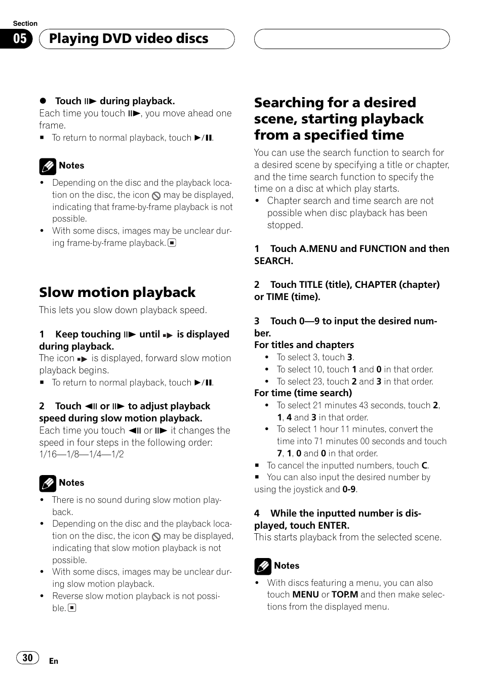 Playback from a specified time 30, Slow motion playback, Playing dvd video discs | Pioneer AVX-P8DVD User Manual | Page 30 / 85