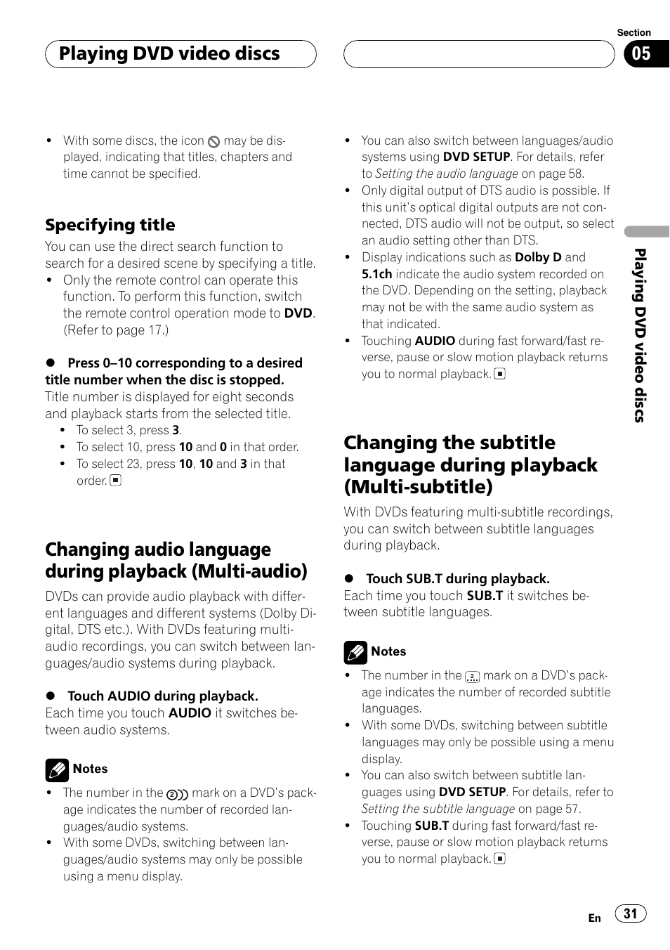 Changing audio language during playback, Multi-audio) 31, Changing the subtitle language during | Playback (multi-subtitle) 31, Playing dvd video discs, Specifying title | Pioneer AVX-P8DVD User Manual | Page 31 / 85