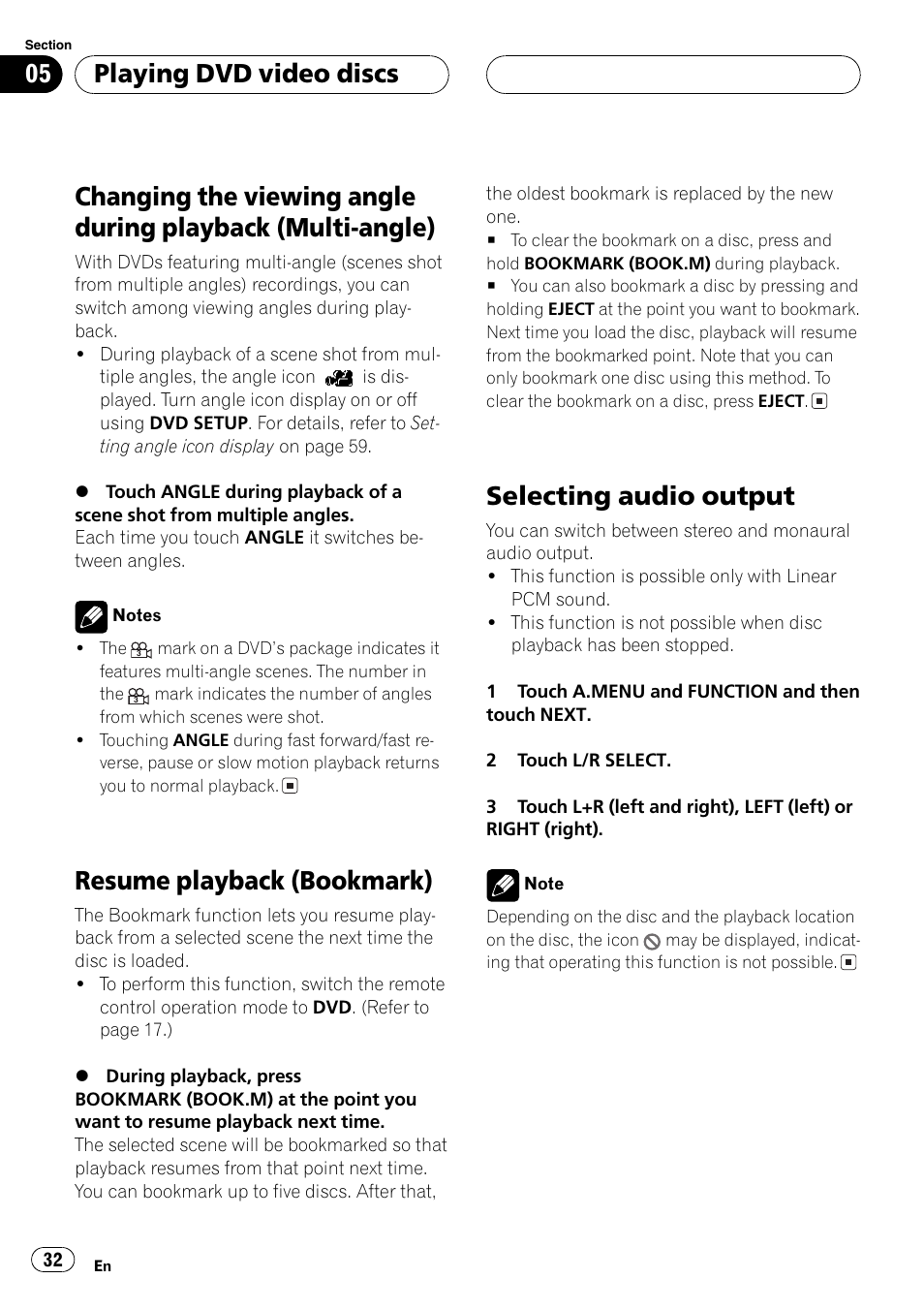 Changing the viewing angle during playback, Multi-angle) 32, Resume playback | Resume playback (bookmark), Selecting audio output, Playing dvd video discs | Pioneer AVX-P8DVD User Manual | Page 32 / 85