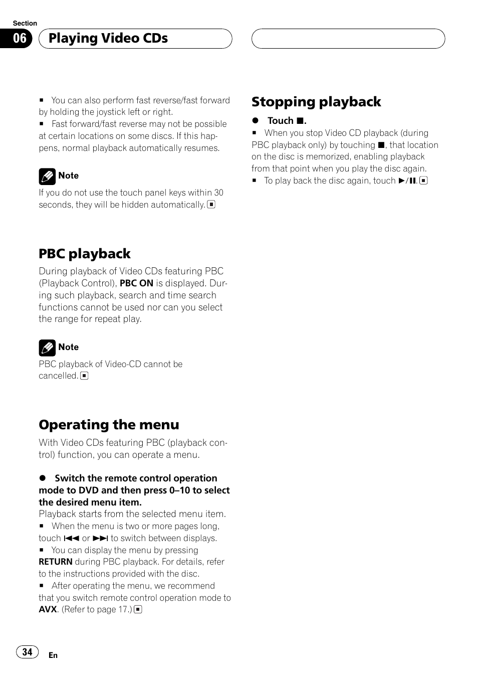 Pbc playback, Operating the menu, Stopping playback | Playing video cds | Pioneer AVX-P8DVD User Manual | Page 34 / 85