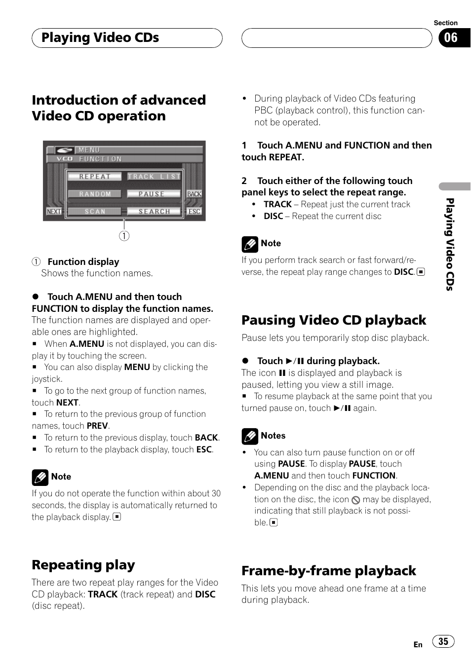 Introduction of advanced video cd, Operation 35, Introduction of advanced video cd operation | Repeating play, Pausing video cd playback, Frame-by-frame playback, Playing video cds | Pioneer AVX-P8DVD User Manual | Page 35 / 85