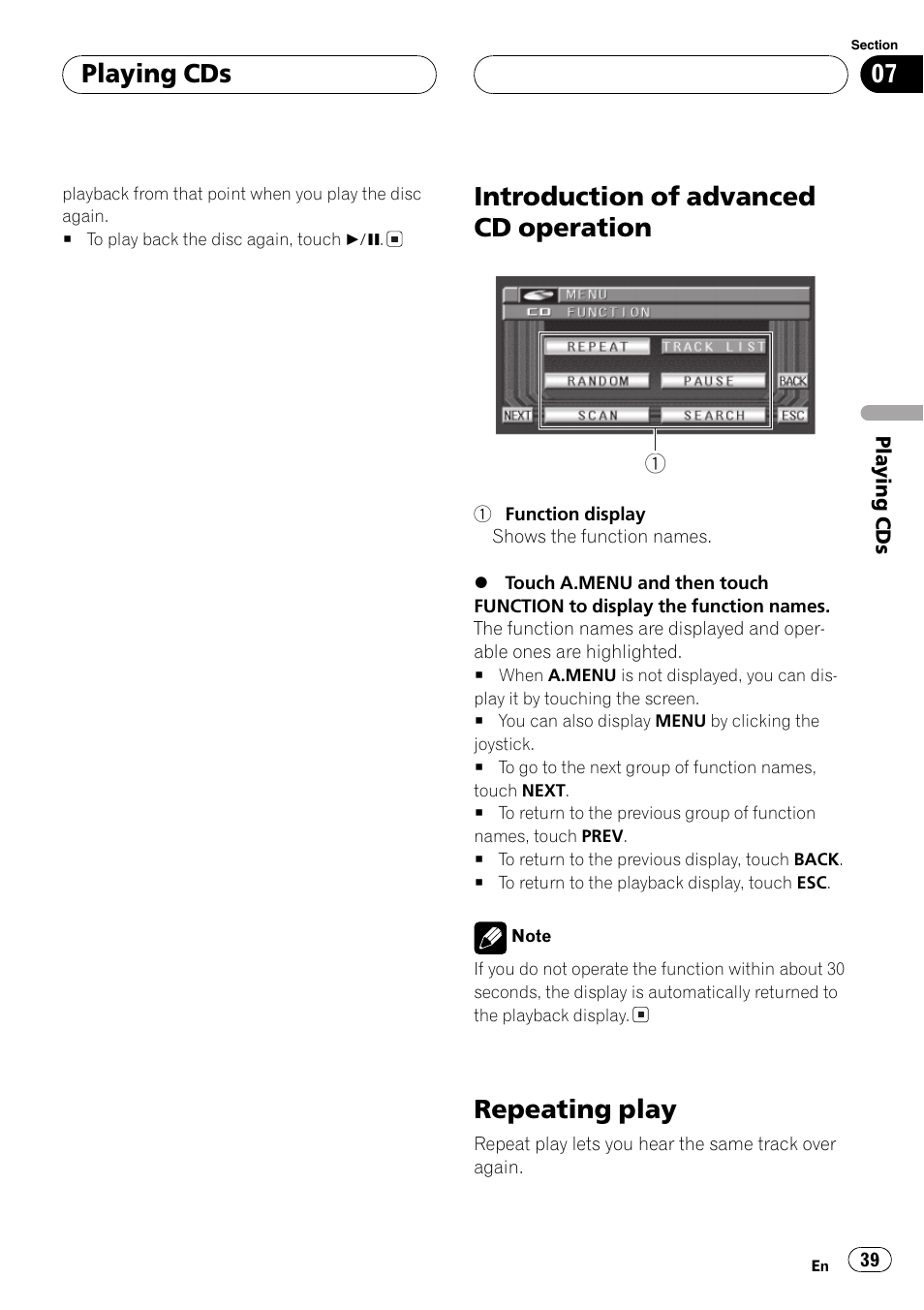 Introduction of advanced cd operation, Repeating play, Playing cds | Pioneer AVX-P8DVD User Manual | Page 39 / 85