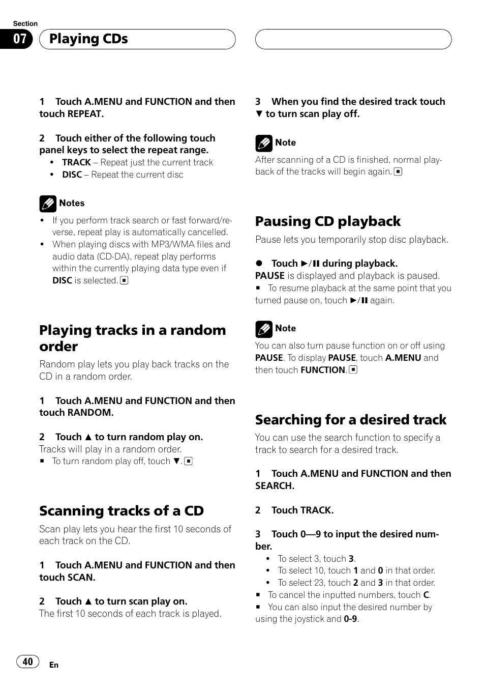 Playing tracks in a random order, Scanning tracks of a cd, Pausing cd playback | Searching for a desired track, Playing cds | Pioneer AVX-P8DVD User Manual | Page 40 / 85