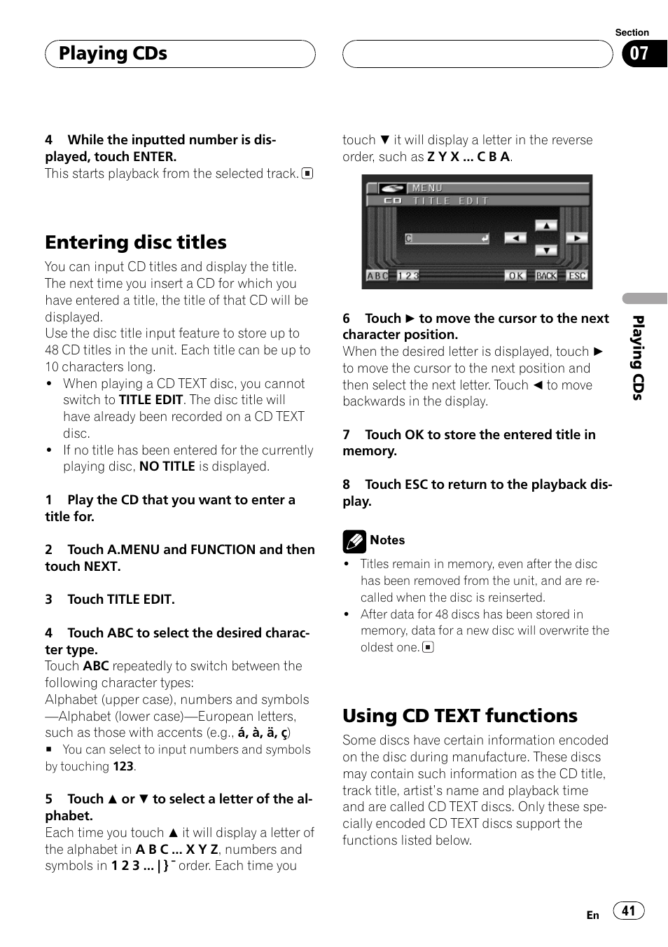 Entering disc titles 41 using cd text functions 41, Entering disc titles, Using cd text functions | Playing cds | Pioneer AVX-P8DVD User Manual | Page 41 / 85