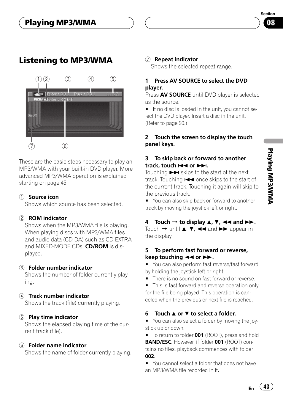 Playingmp3/wma listening to mp3/wma 43, Listening to mp3/wma, Playing mp3/wma | Pioneer AVX-P8DVD User Manual | Page 43 / 85