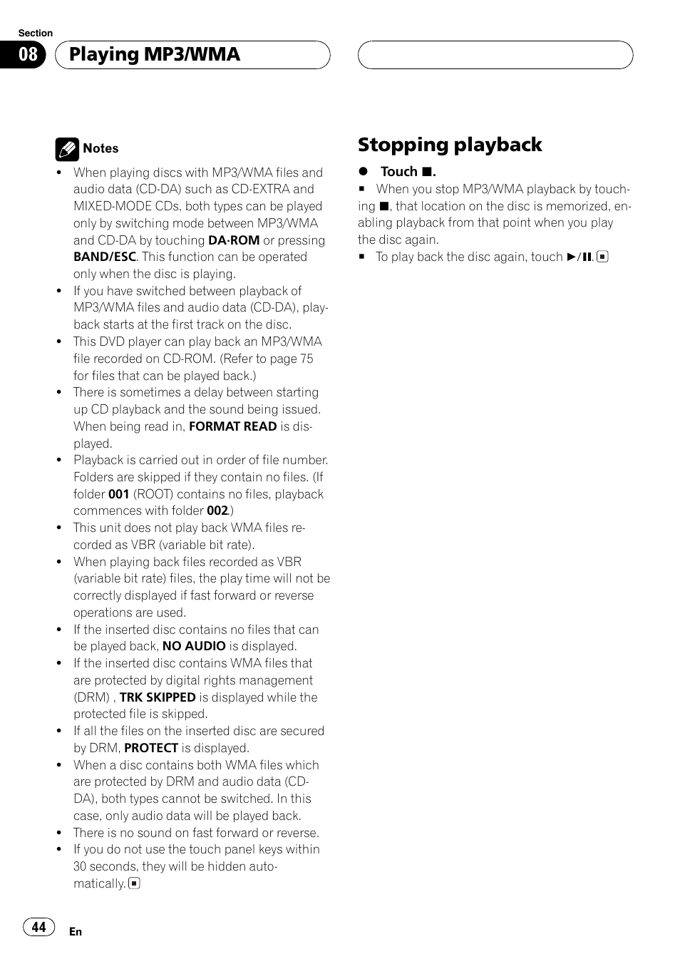 Stopping playback 44, Stopping playback, Playing mp3/wma | Pioneer AVX-P8DVD User Manual | Page 44 / 85