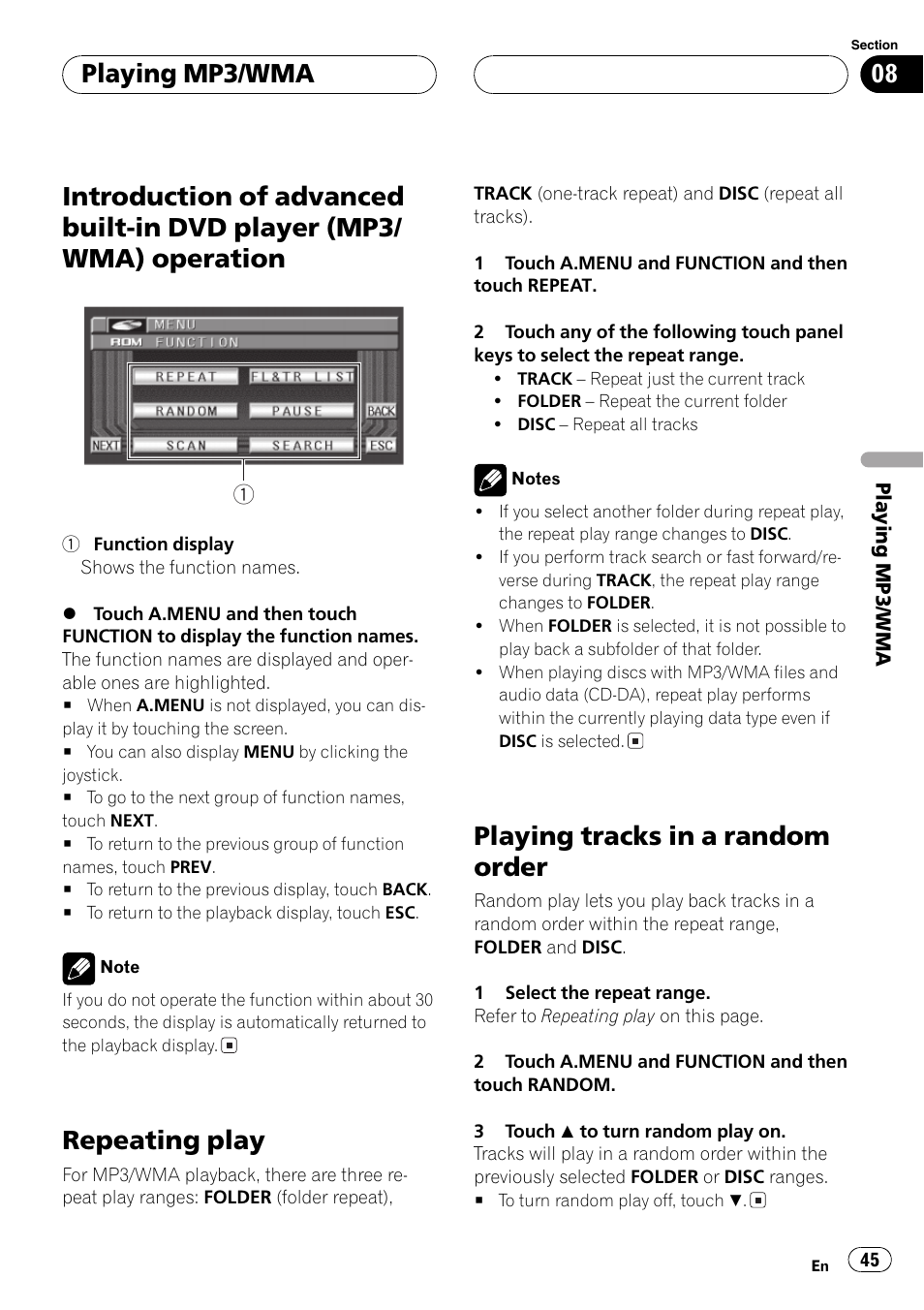 Introduction of advanced built-in dvd player, Mp3/wma) operation 45, Repeating play | Playing tracks in a random order, Playing mp3/wma | Pioneer AVX-P8DVD User Manual | Page 45 / 85