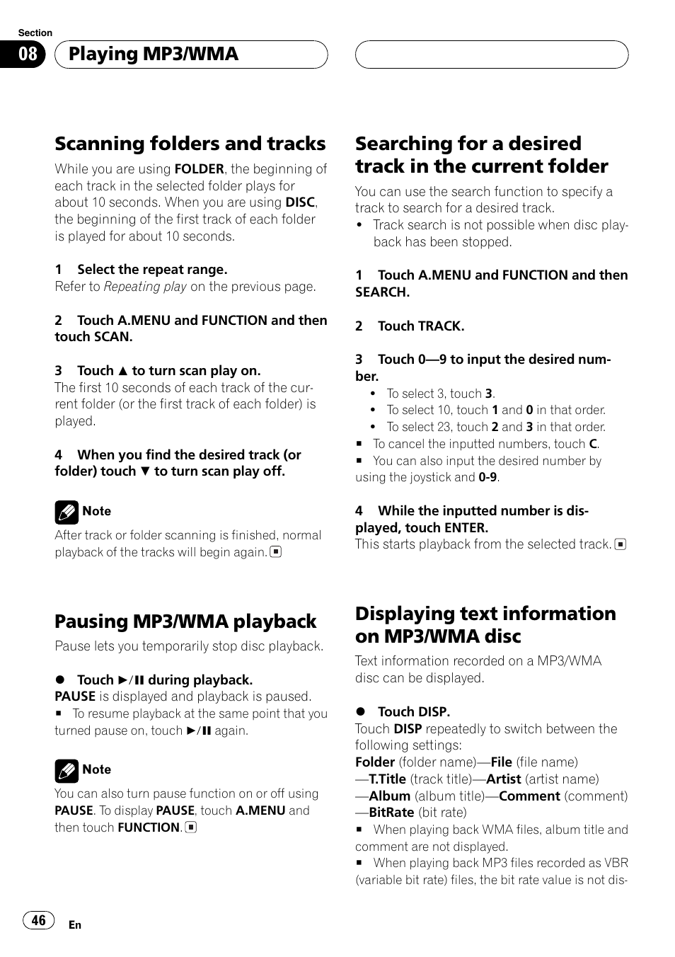 Folder 46, Displaying text information on mp3/wma, Disc 46 | Scanning folders and tracks, Pausing mp3/wma playback, Displaying text information on mp3/wma disc, Playing mp3/wma | Pioneer AVX-P8DVD User Manual | Page 46 / 85
