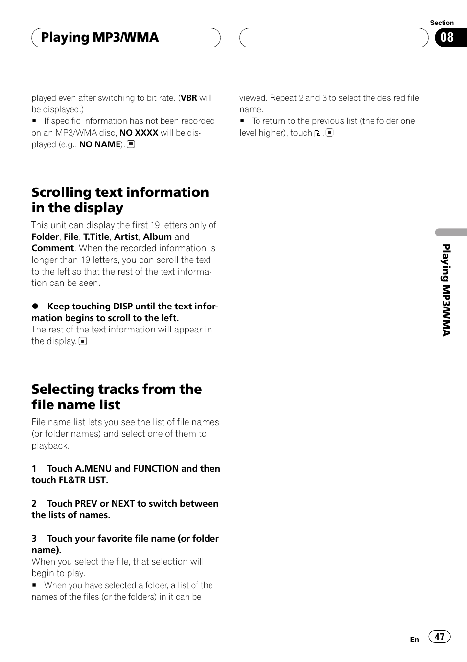 Scrolling text information in the display, Selecting tracks from the file name list, Playing mp3/wma | Pioneer AVX-P8DVD User Manual | Page 47 / 85