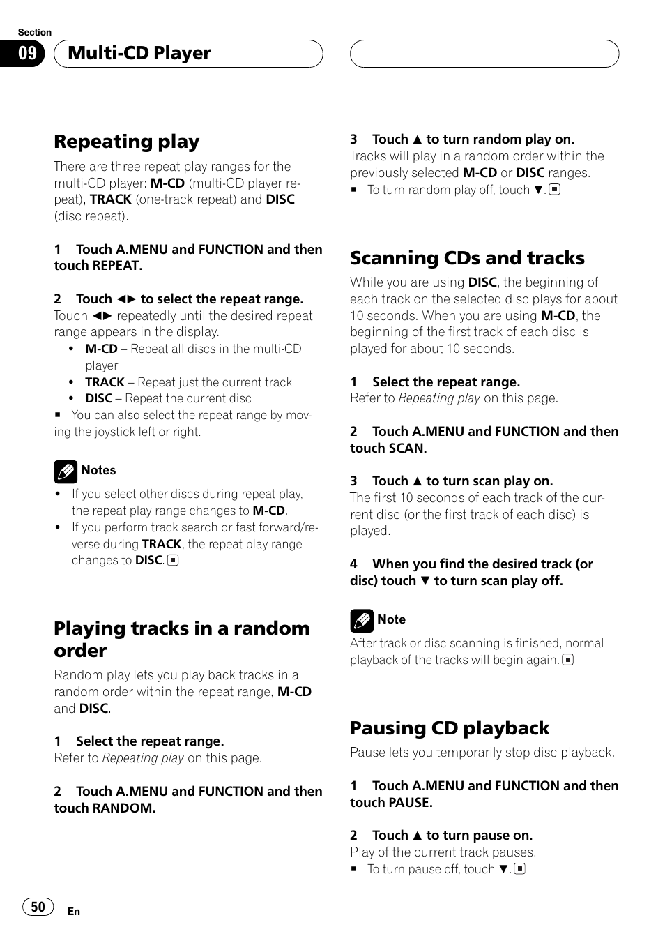 Scanning cds and tracks 50 pausing cd playback 50, Repeating play, Playing tracks in a random order | Scanning cds and tracks, Pausing cd playback, Multi-cd player | Pioneer AVX-P8DVD User Manual | Page 50 / 85