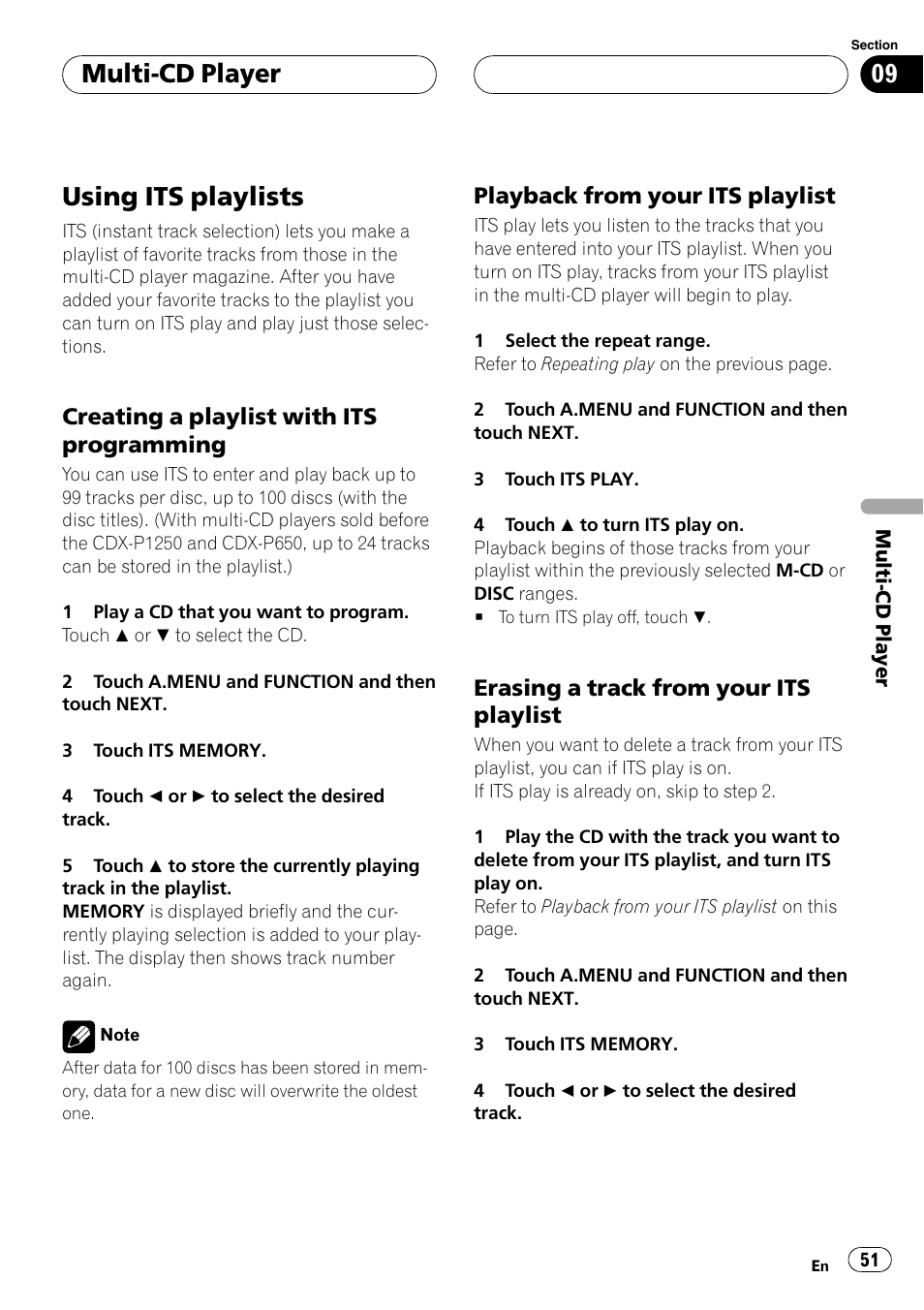 Using its playlists 51, Using its playlists, Multi-cd player | Creating a playlist with its programming, Playback from your its playlist, Erasing a track from your its playlist | Pioneer AVX-P8DVD User Manual | Page 51 / 85