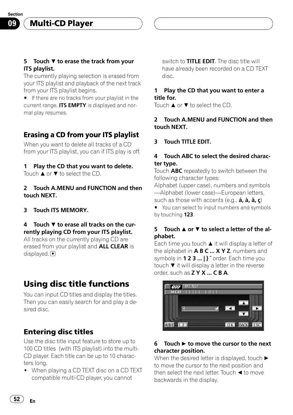 Using disc title functions 52, Using disc title functions, Multi-cd player | Erasing a cd from your its playlist, Entering disc titles | Pioneer AVX-P8DVD User Manual | Page 52 / 85