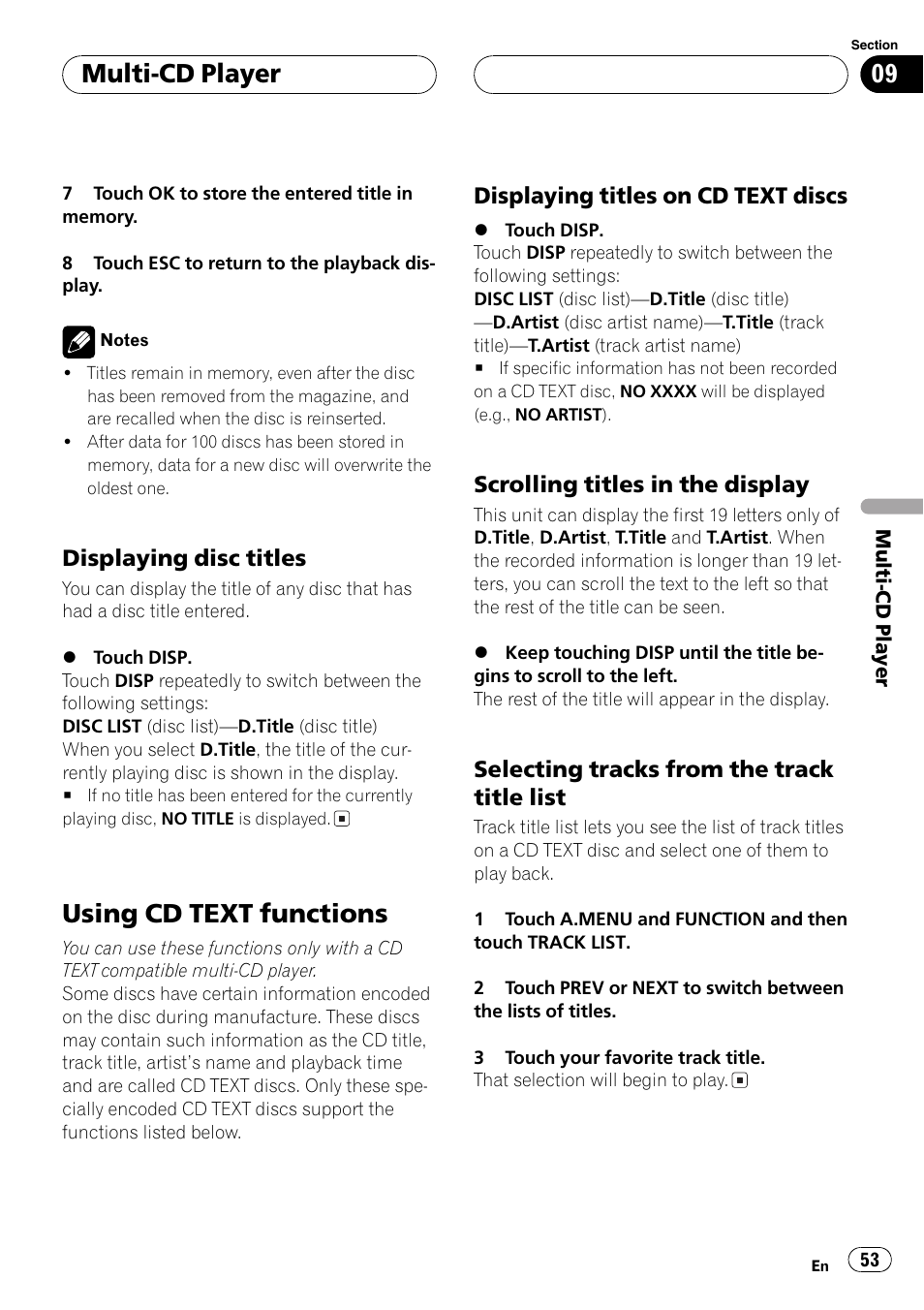 Using cd text functions 53, Using cd text functions, Multi-cd player | Displaying disc titles, Displaying titles on cd text discs, Scrolling titles in the display, Selecting tracks from the track title list | Pioneer AVX-P8DVD User Manual | Page 53 / 85