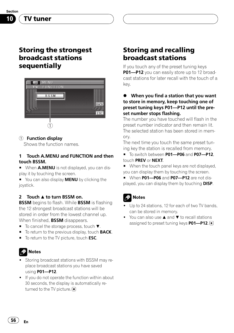 Storing the strongest broadcast stations, Sequentially 56, Storing and recalling broadcast stations 56 | Storing and recalling broadcast stations, Tv tuner | Pioneer AVX-P8DVD User Manual | Page 56 / 85