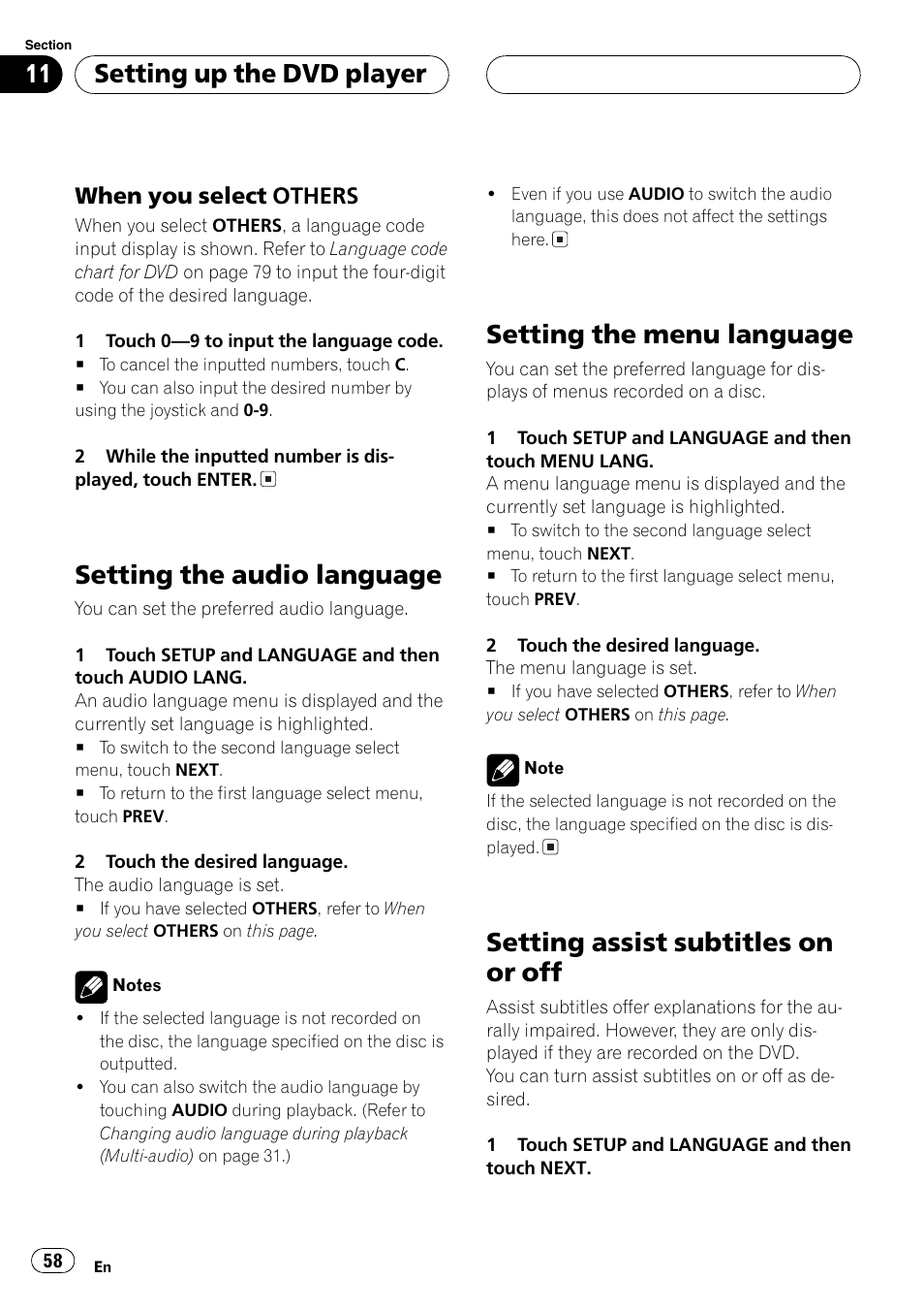 Setting the audio language, Setting the menu language, Setting assist subtitles on or off | Setting up the dvd player, When you select others | Pioneer AVX-P8DVD User Manual | Page 58 / 85