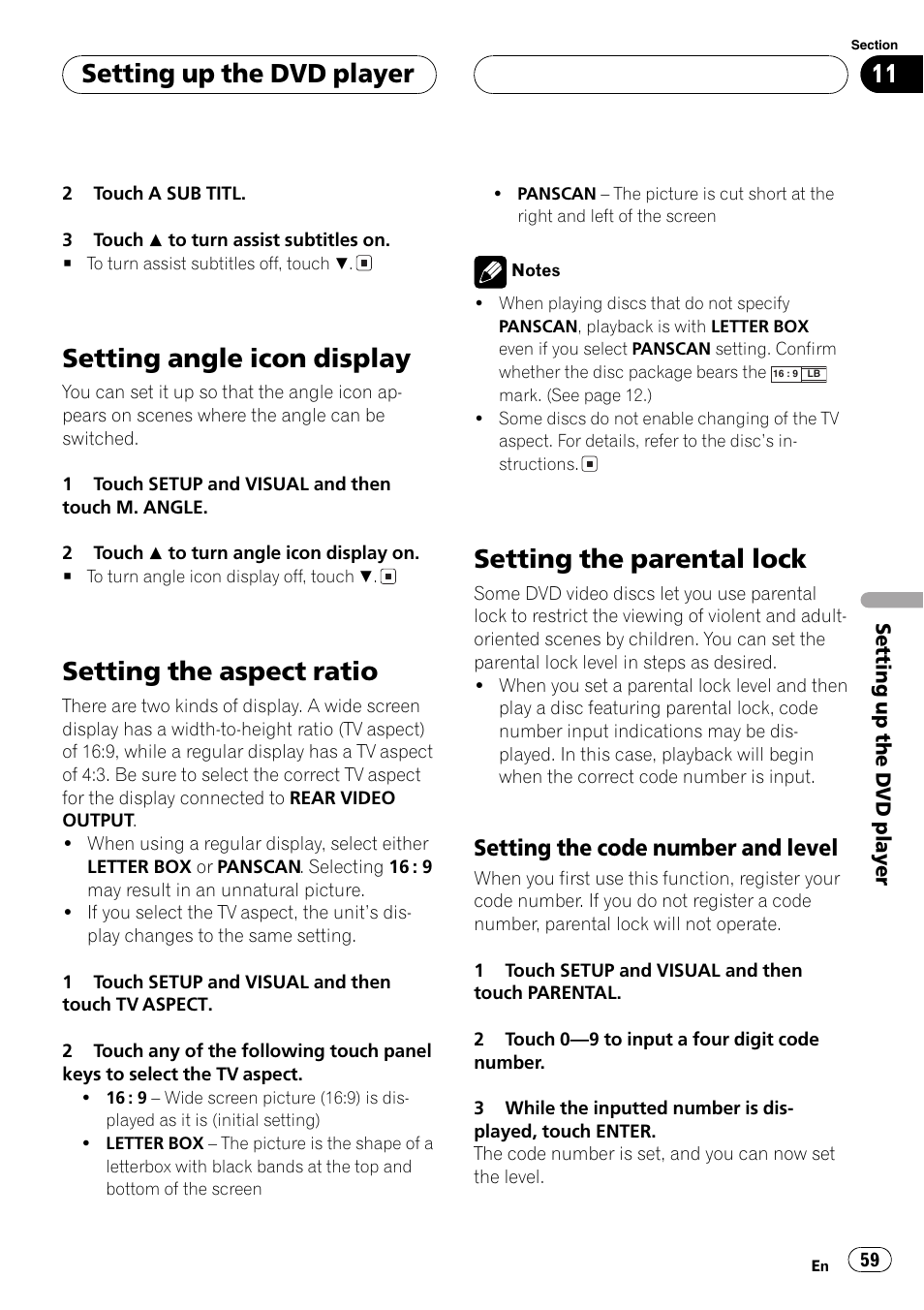 Setting angle icon display, Setting the aspect ratio, Setting the parentallock | Setting up the dvd player, Setting the code number and level | Pioneer AVX-P8DVD User Manual | Page 59 / 85
