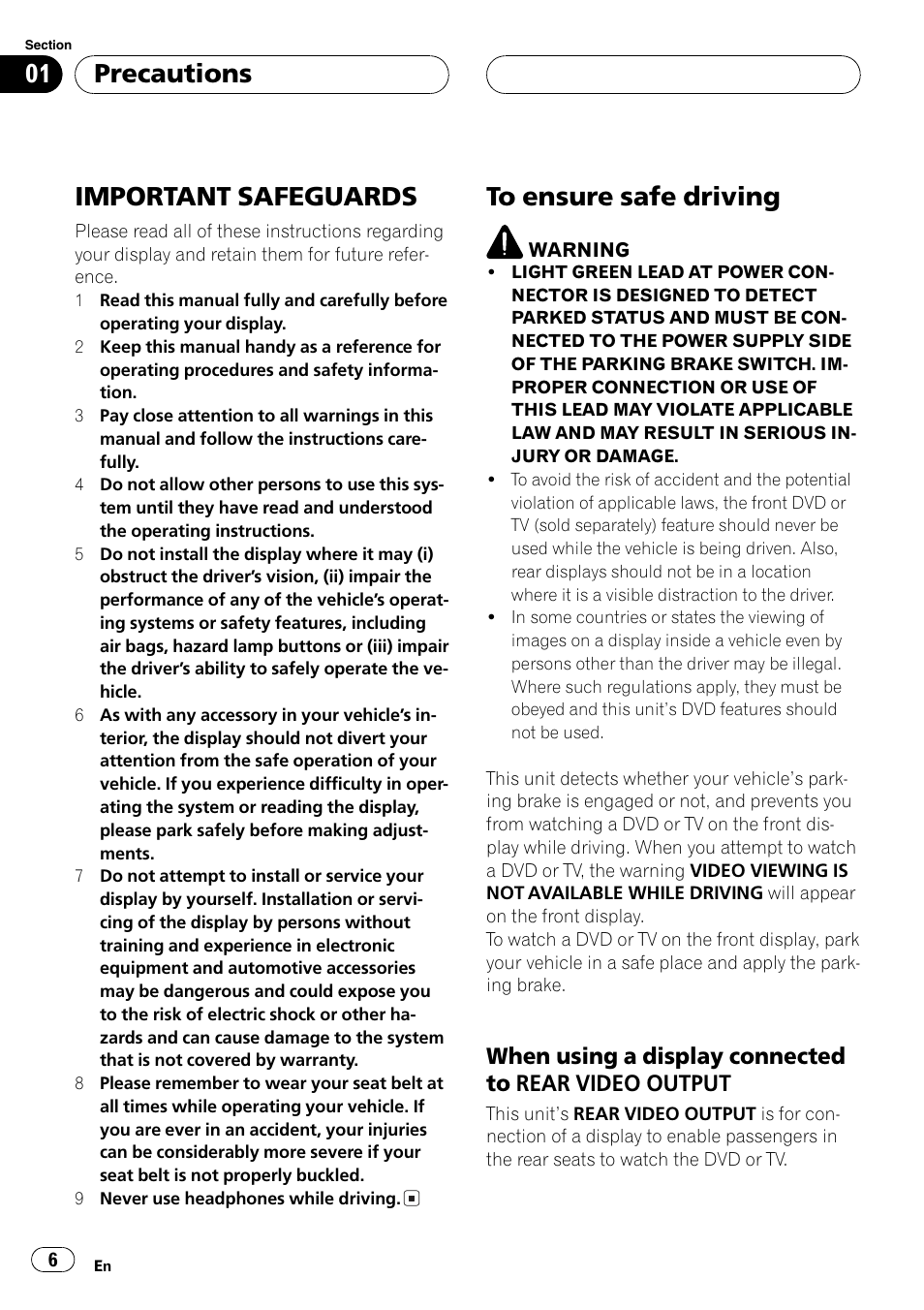 Important safeguards, Precautions | Pioneer AVX-P8DVD User Manual | Page 6 / 85