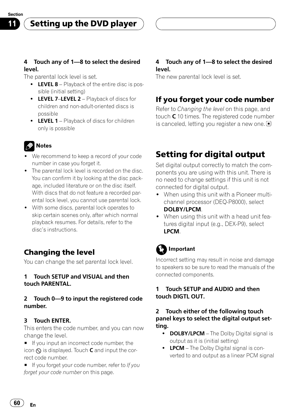 Setting for digital output 60, Setting for digitaloutput, Setting up the dvd player | Changing the level, If you forget your code number | Pioneer AVX-P8DVD User Manual | Page 60 / 85