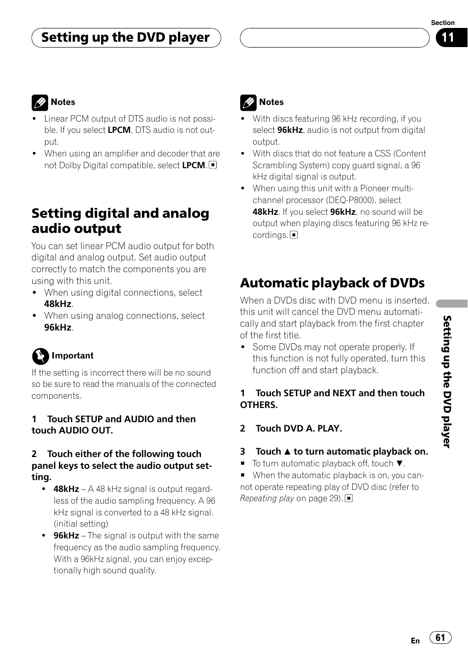 Setting digitaland analog audio output, Automatic playback of dvds, Setting up the dvd player | Pioneer AVX-P8DVD User Manual | Page 61 / 85