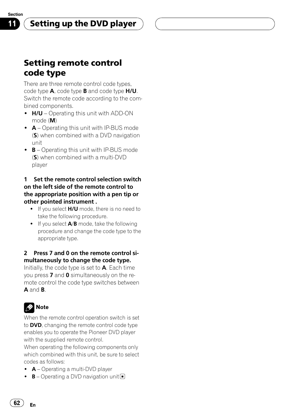 Setting remote control code type 62, Setting remote, Setting remote control code type | Setting up the dvd player | Pioneer AVX-P8DVD User Manual | Page 62 / 85