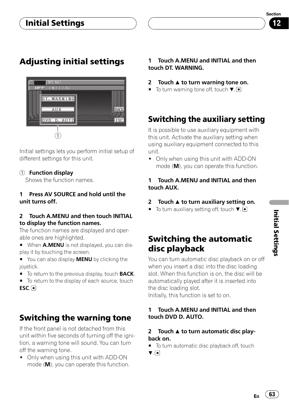 Adjusting initialsettings, Switching the warning tone, Switching the auxiliary setting | Switching the automatic disc playback, Initialsettings | Pioneer AVX-P8DVD User Manual | Page 63 / 85